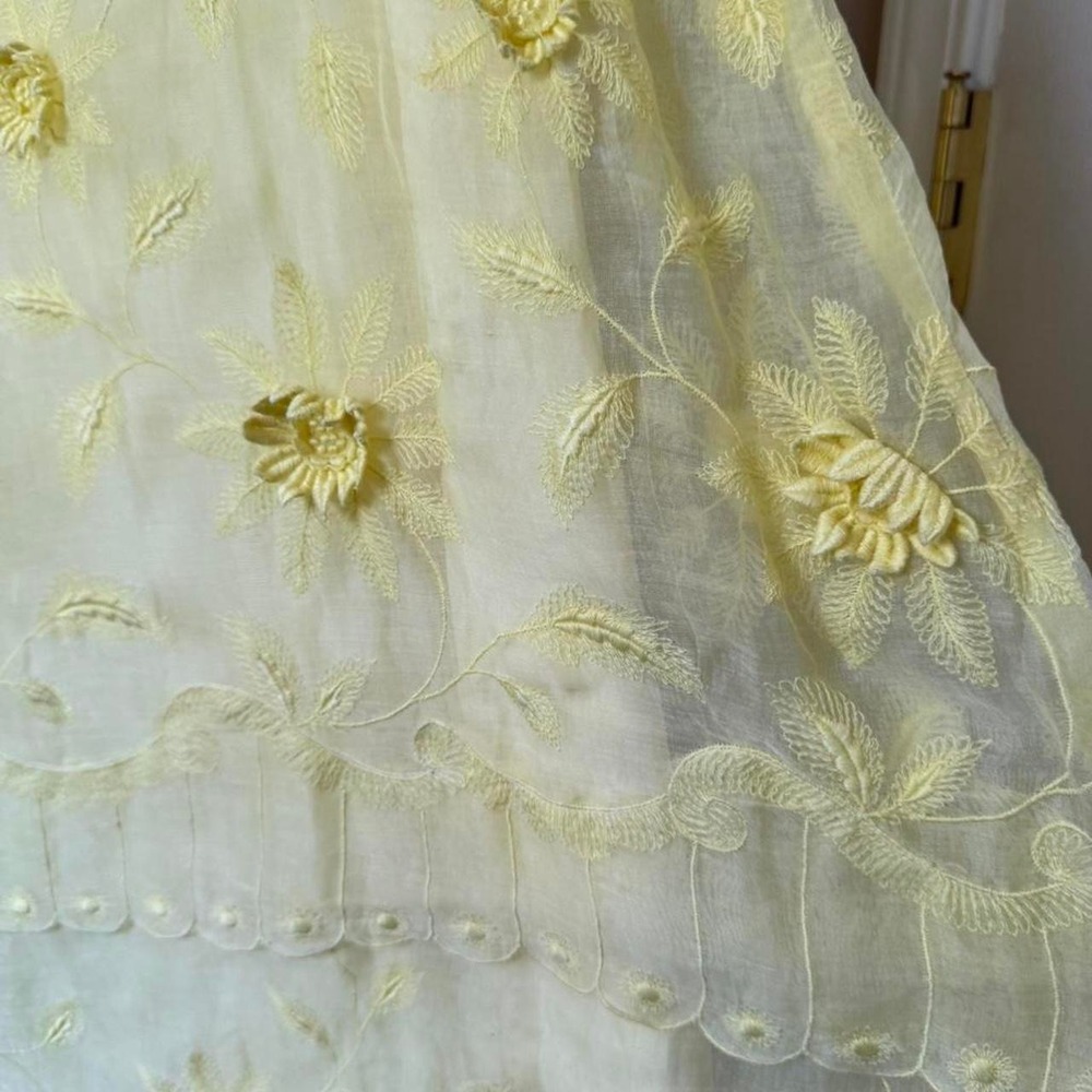 Vintage 60s / 70s Lemon Yellow Sheer Long Sleeve Maxi Dress 3D flower applique - Picture 3 of 8